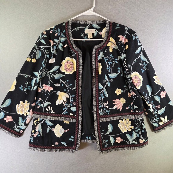 Loft Outlet Jackets & Blazers - Loft Black Floral Fringe Open Front Jacket 14 Botanical Tapestry Boho Artsy